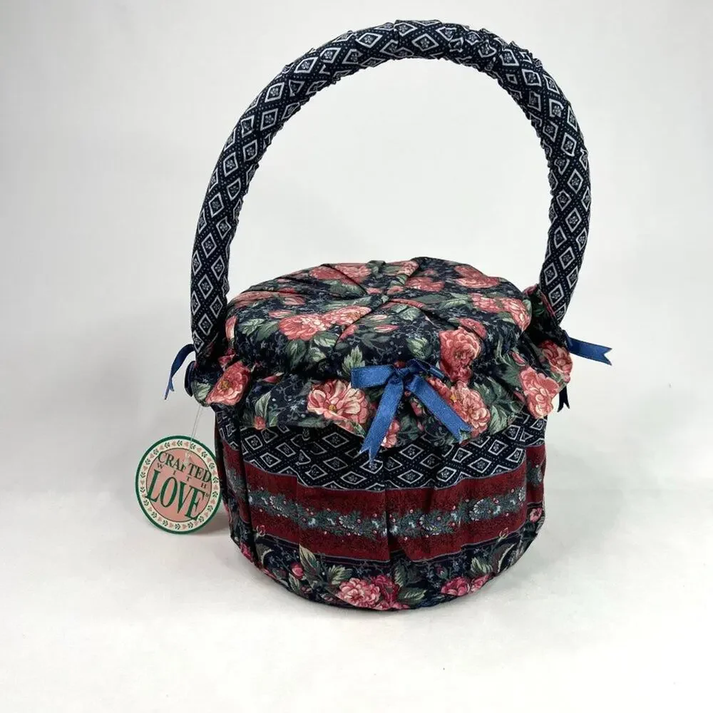 NWT Vintage Crafted With Love Fabric Pattern Sewing Basket With Handle